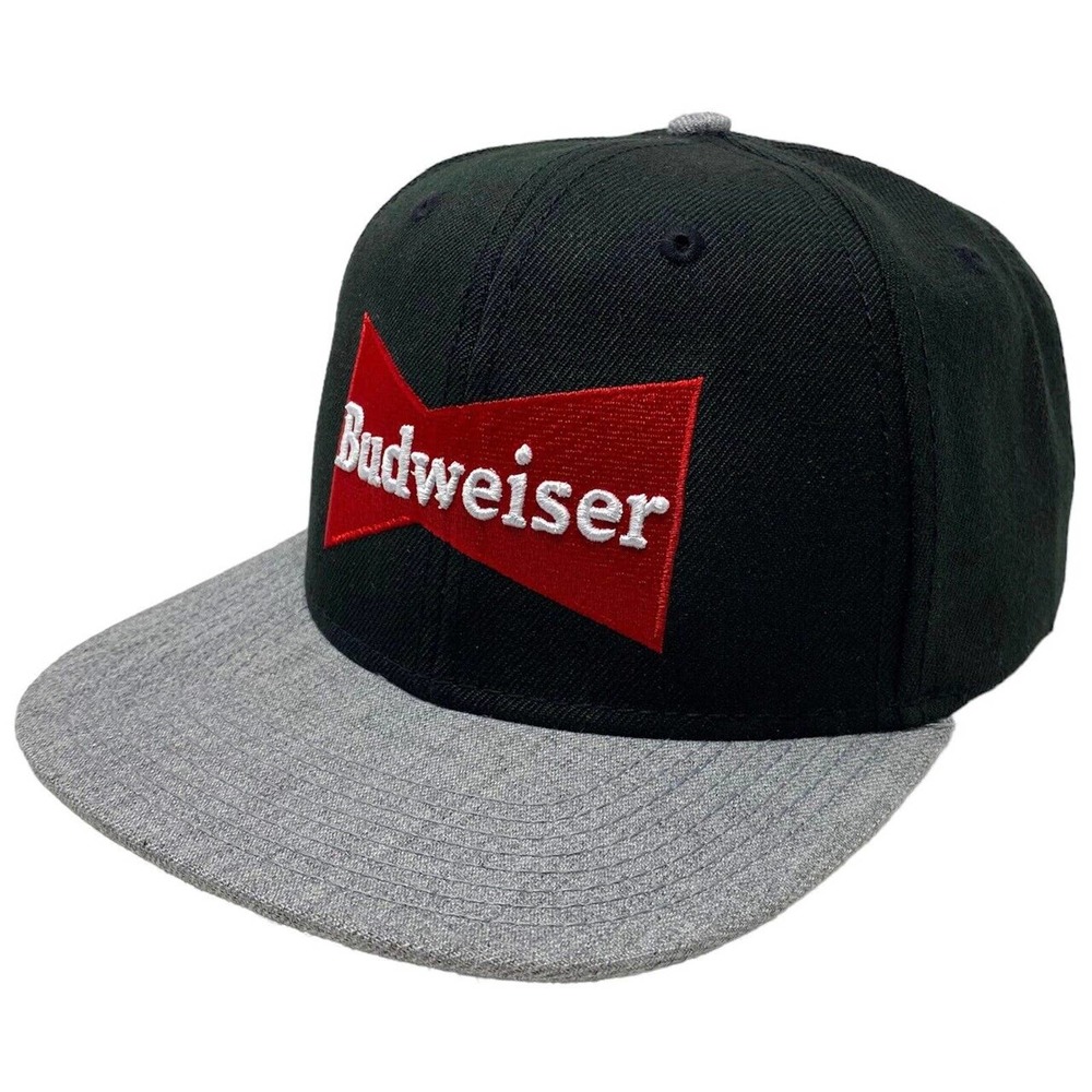 Budweiser Beer Men's Embroidered Logo Flat Bill Snapback Hat Cap in Black/Grey